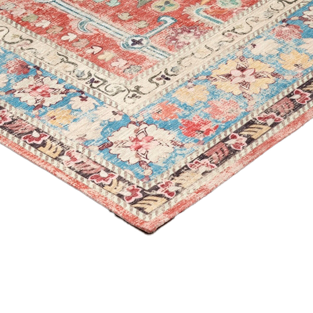 Sparx Medallion Red Blue Distressed Washable Modern Rug