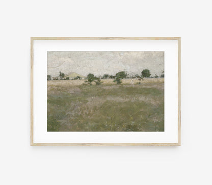 Vintage Landscape Painting - Muted Green Field Trees L245