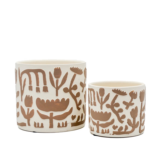 Quinn Beige Floral Terracotta Pot - Small