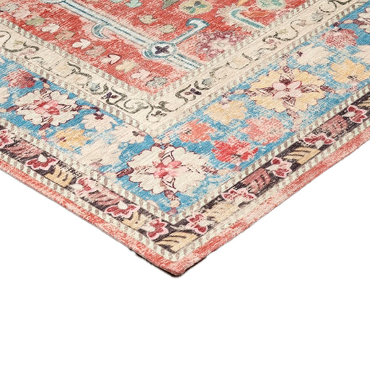 Sparx Medallion Red Blue Distressed Washable Modern Rug