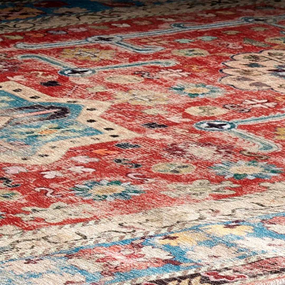 Sparx Medallion Red Blue Distressed Washable Modern Rug